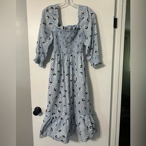 Kate Spade Blue, Black & White Floral Dot Smocked Midi Dress with Pockets
